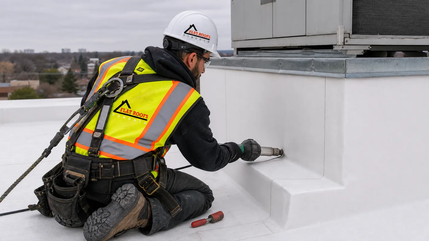 Flat roofing technician heat-welding a TPO membrane up the side of an HVAC curb