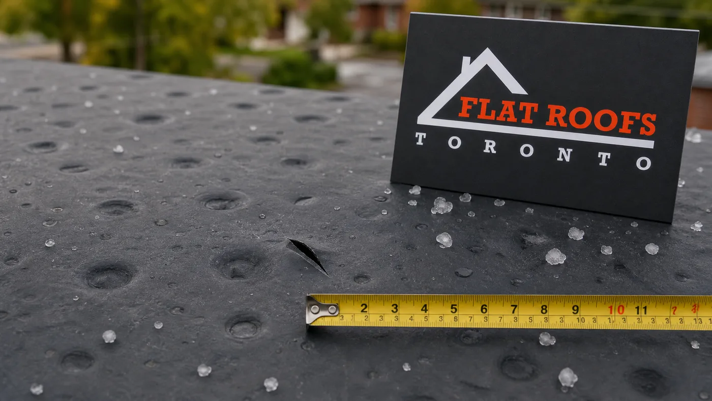 Close-up of hail-bruised EPDM flat roof membrane with circular impact marks documented for an insurance adjuster