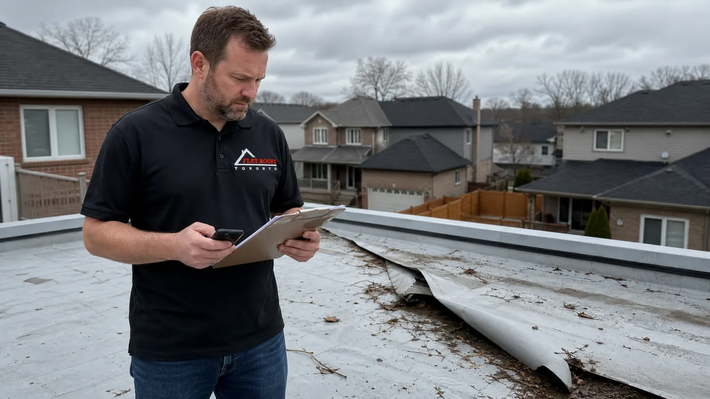 Toronto homeowner reviewing flat roof insurance claim documents beside a storm-damaged low-slope TPO roof
