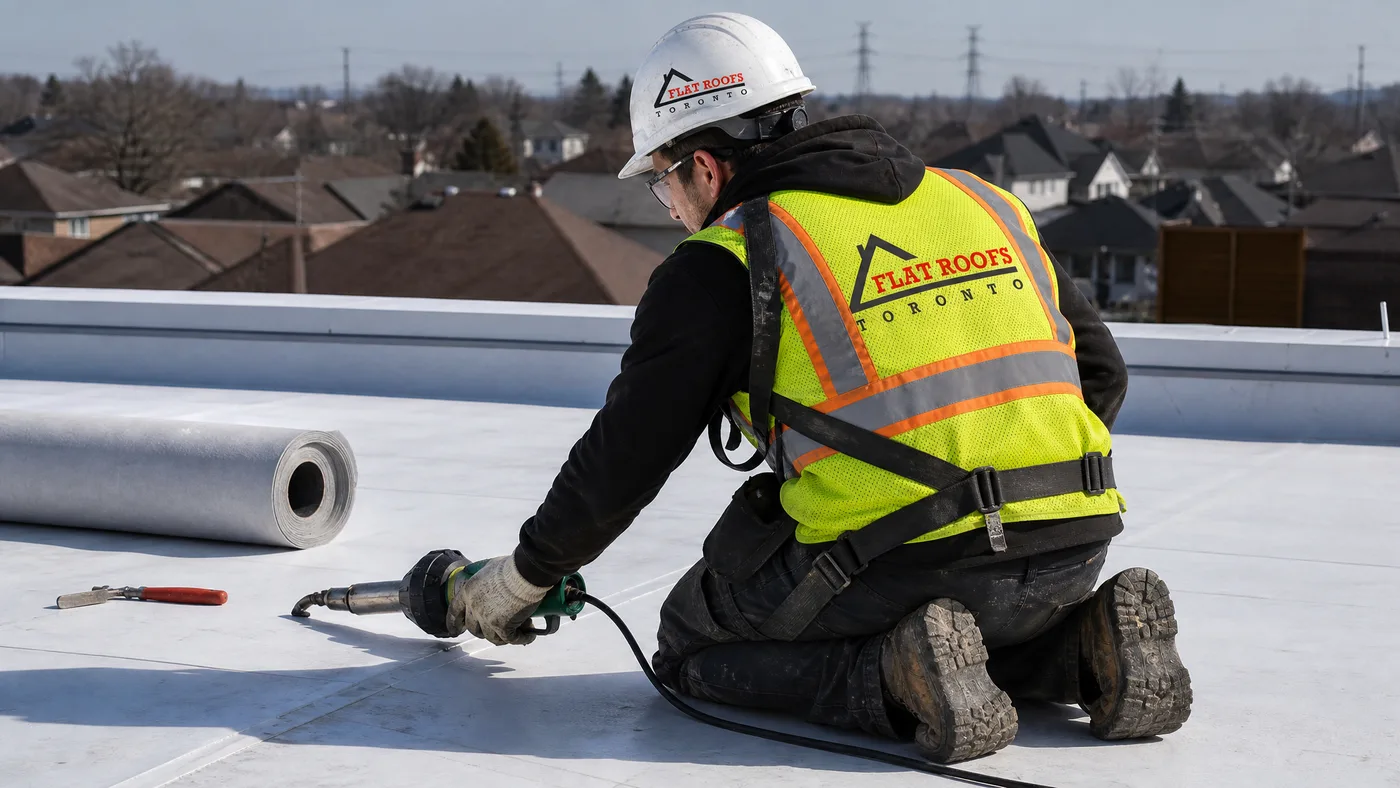 Flat roofing technician in full safety gear heat-welding a TPO membrane seam on a Toronto low-slope roof