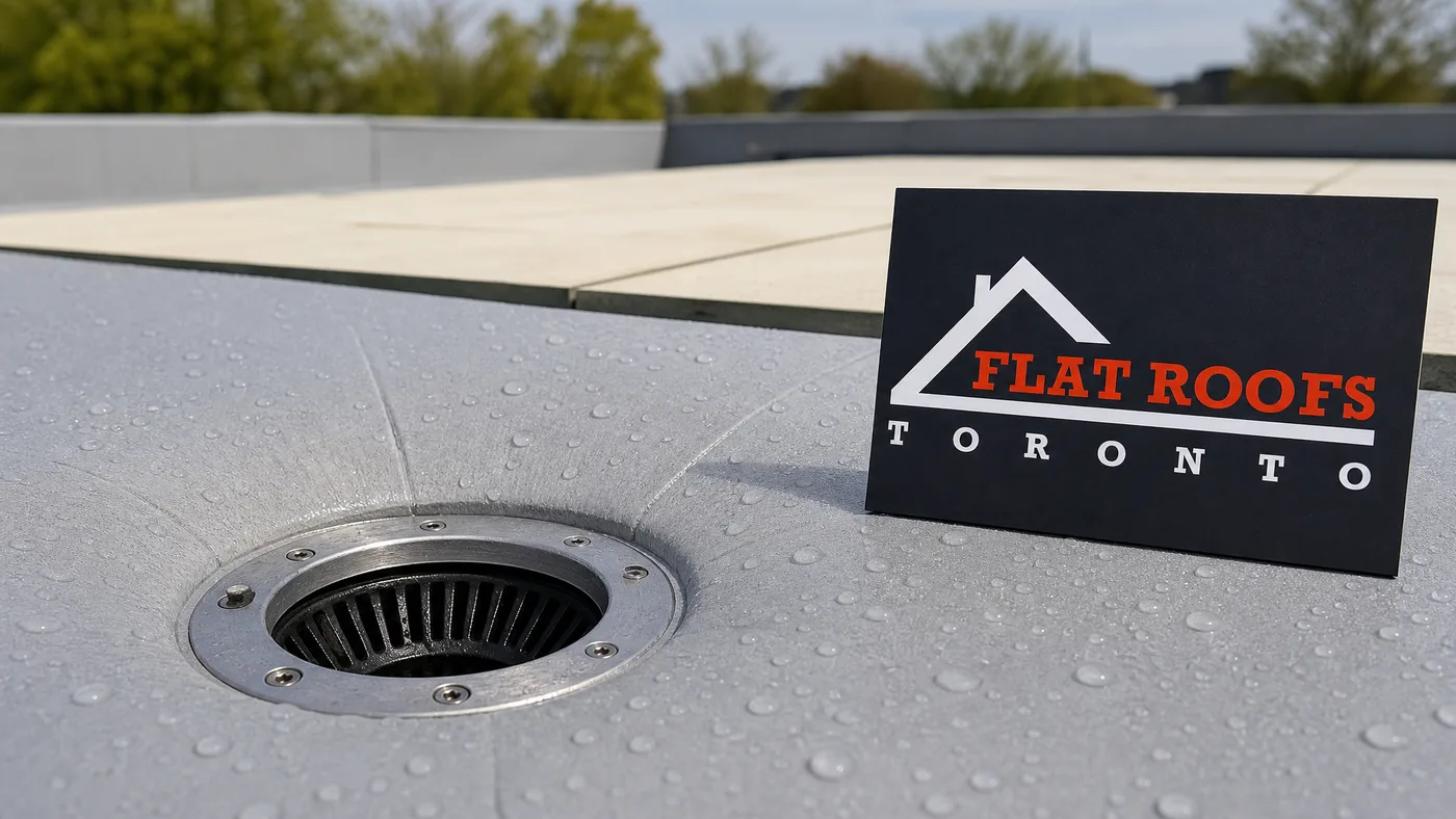 Close-up of a tapered insulation and roof drain detail on a converted Toronto flat roof showing positive slope toward the outlet