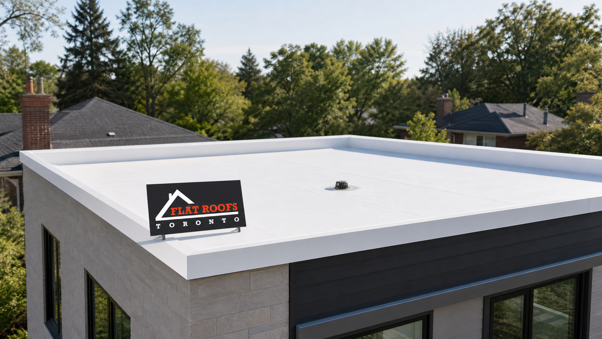 Completed low-slope to flat roof conversion on a Toronto home showing a clean white TPO membrane with tapered drainage