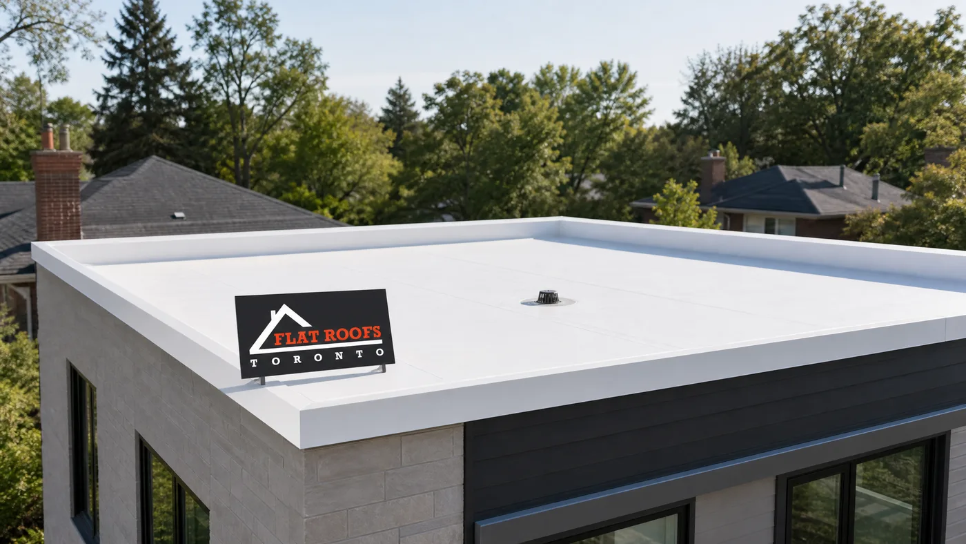 Completed low-slope to flat roof conversion on a Toronto home showing a clean white TPO membrane with tapered drainage