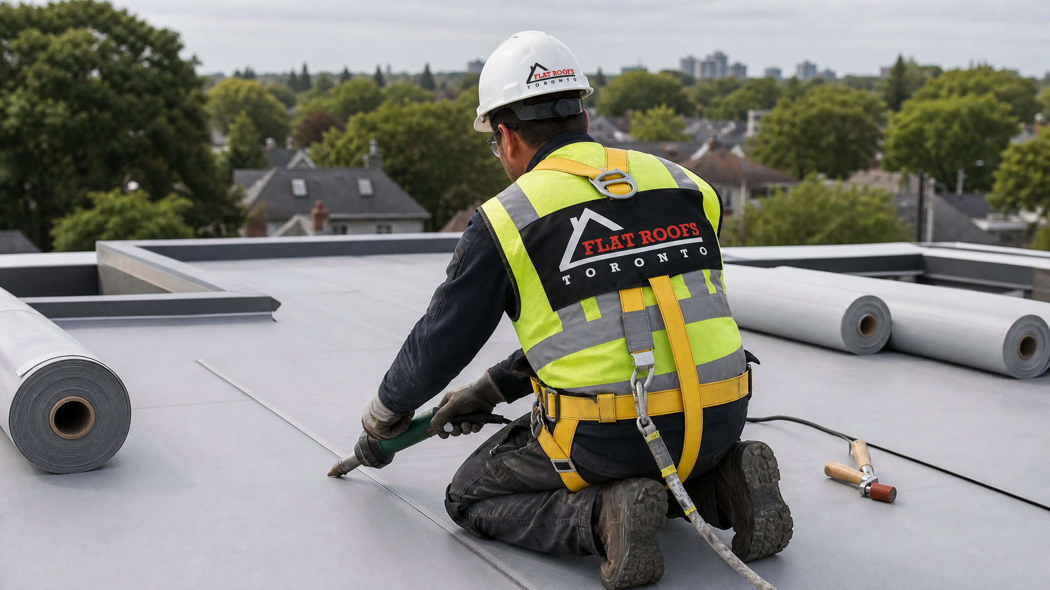 Flat-roofing technician heat-welding a TPO membrane seam on a newly converted low-slope flat roof in Toronto
