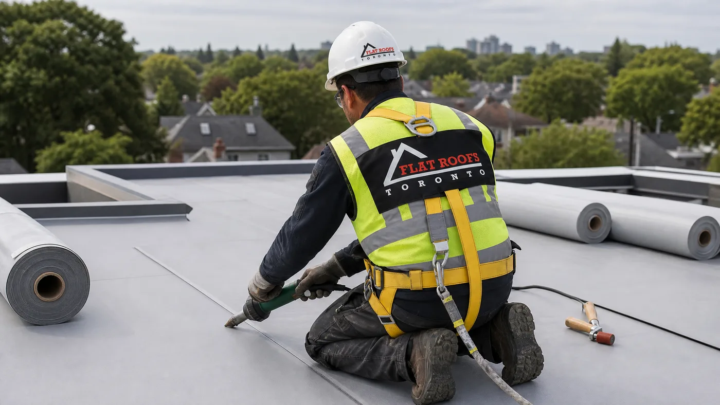 Flat-roofing technician heat-welding a TPO membrane seam on a newly converted low-slope flat roof in Toronto