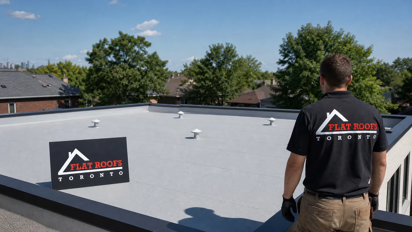 Flat roof vents Toronto installation on a finished TPO low-slope residential roof with breather vents and parapet detailing