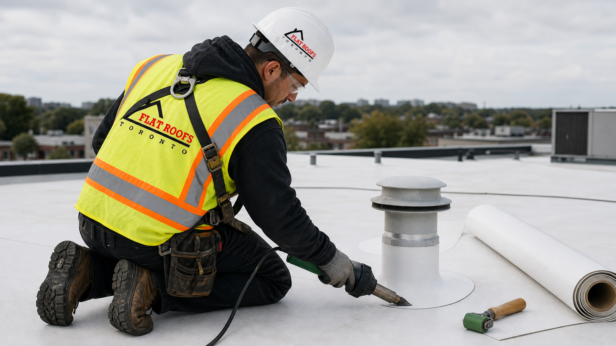 Flat roofing technician in full safety gear heat-welding a TPO membrane around a breather vent on a GTA low-slope roof