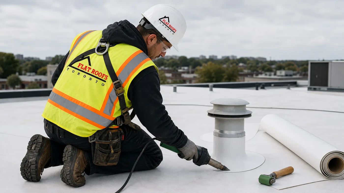 Flat roofing technician in full safety gear heat-welding a TPO membrane around a breather vent on a GTA low-slope roof