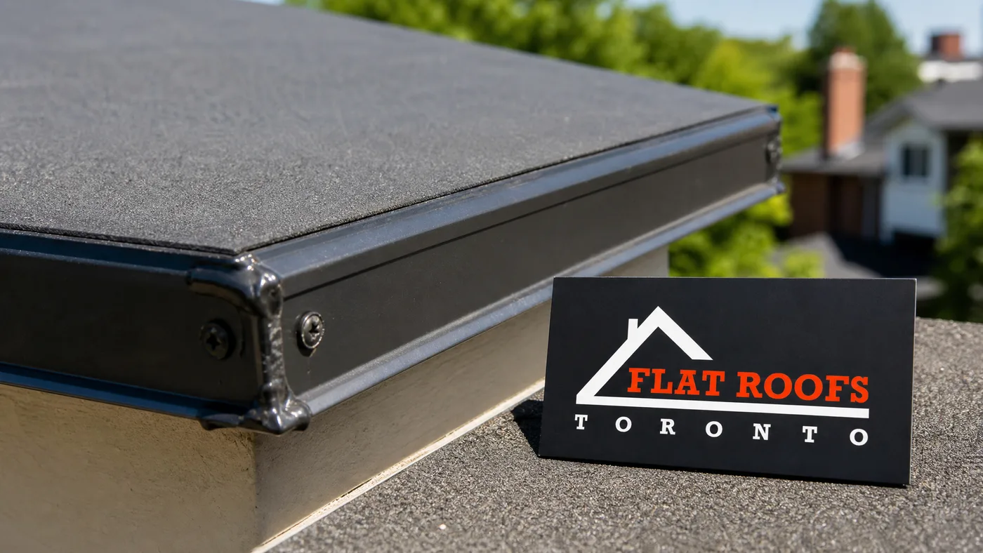 Close-up of a flashed perimeter edge and drip detail on a replaced garage flat roof in the GTA