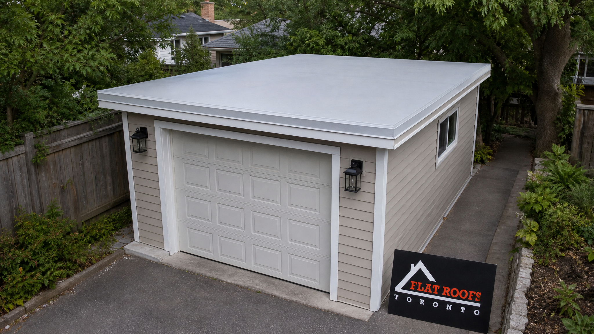 Finished garage flat roof replacement Toronto with new TPO membrane on a detached suburban garage
