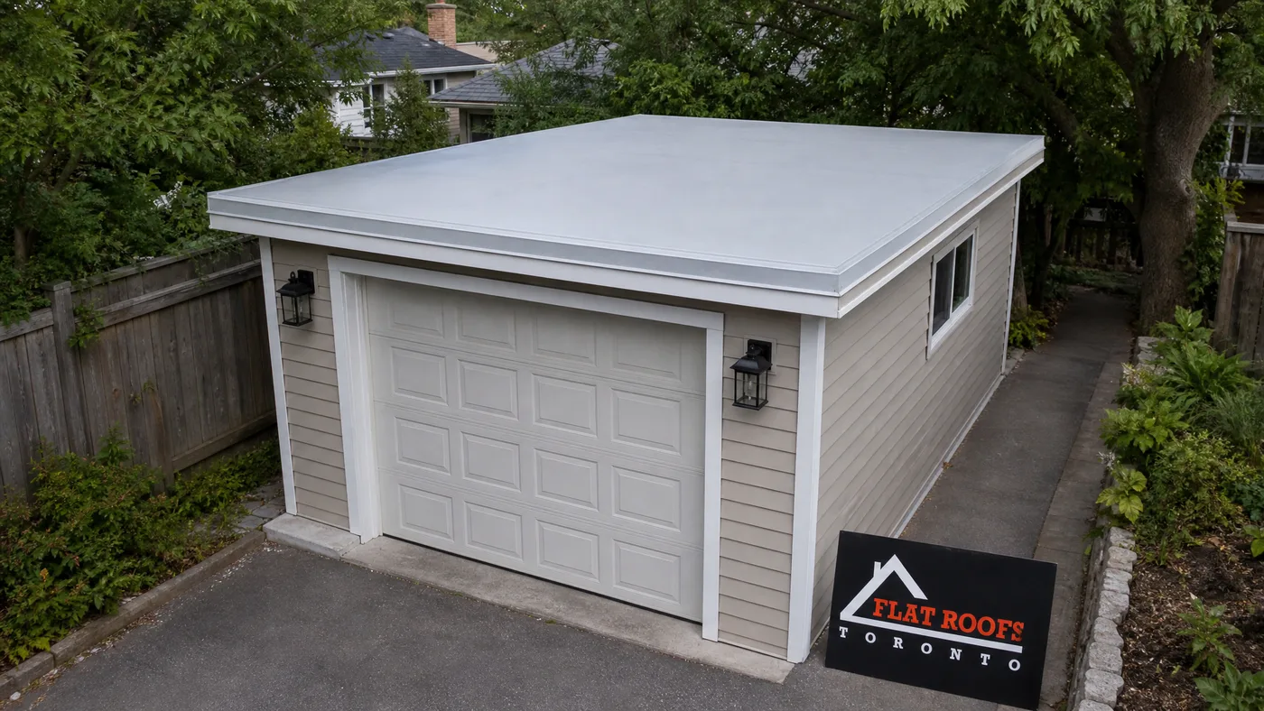 Finished garage flat roof replacement Toronto with new TPO membrane on a detached suburban garage