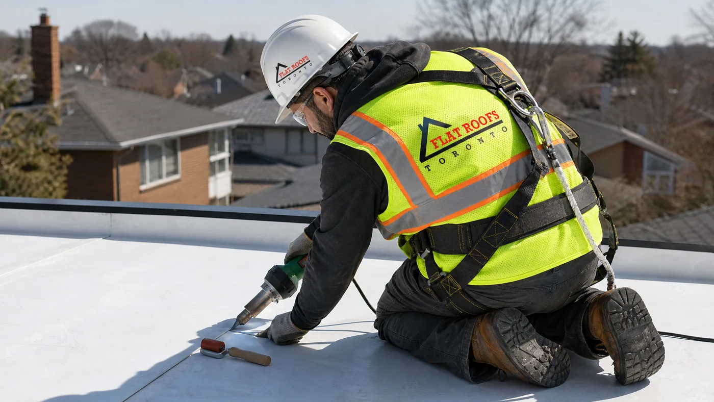 Flat-roofing technician heat-welding a TPO membrane seam during a garage roof replacement in Toronto