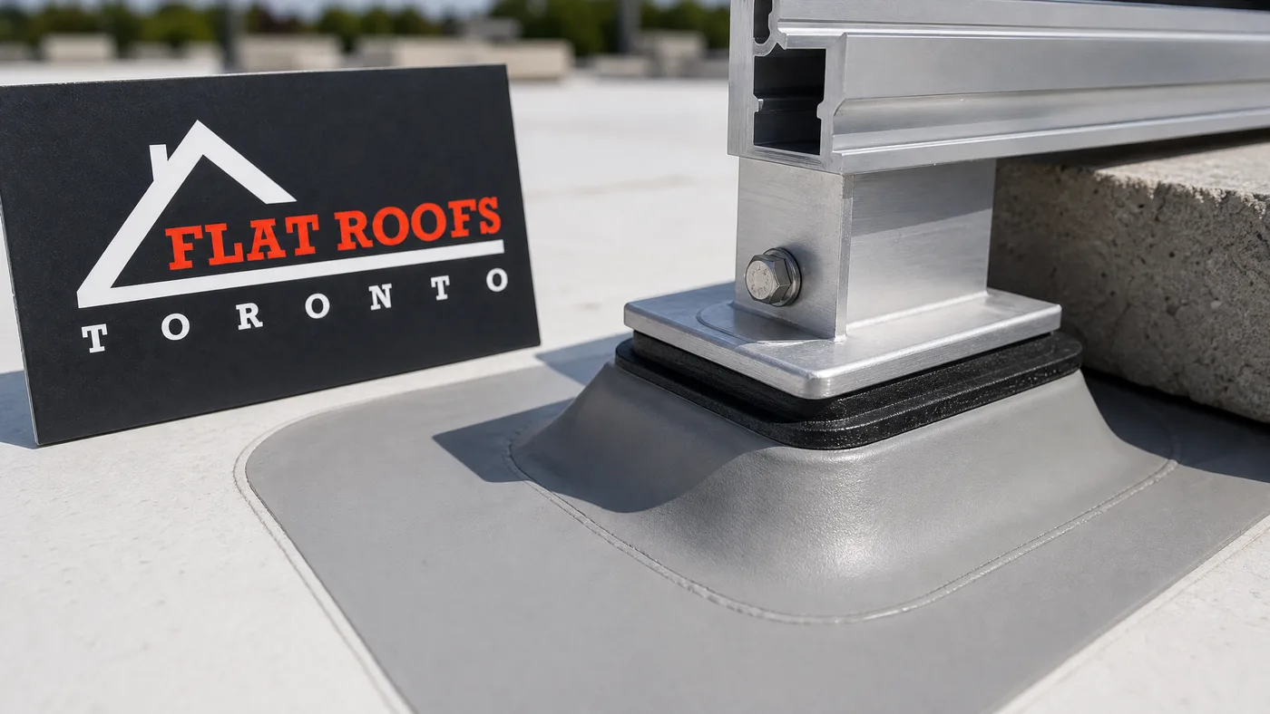 Close-up of a welded flashing base and protective slip pad beneath a solar mount on a flat roof membrane
