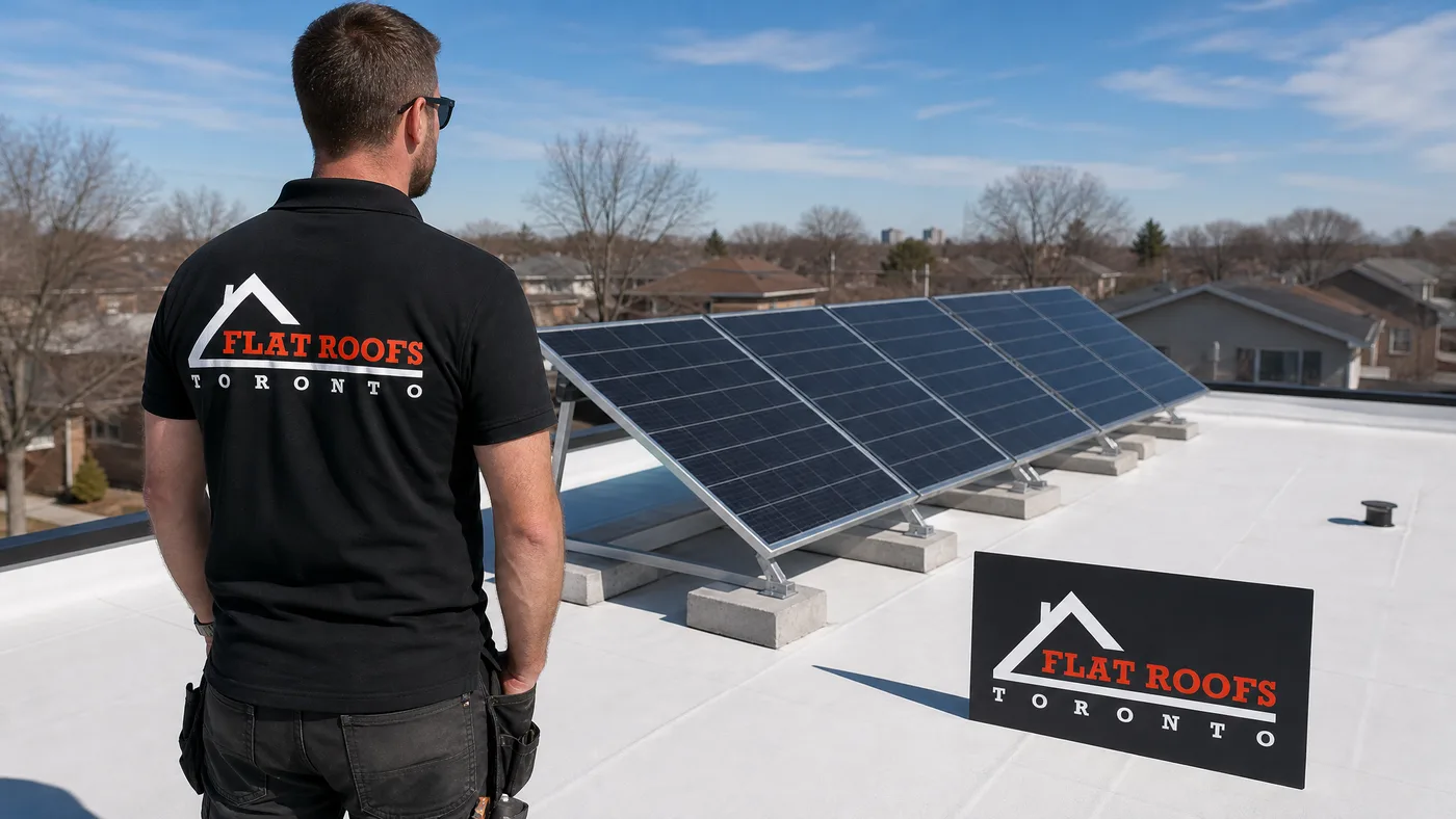 Solar panels on a flat roof in Toronto mounted on a ballasted racking system over a white TPO membrane