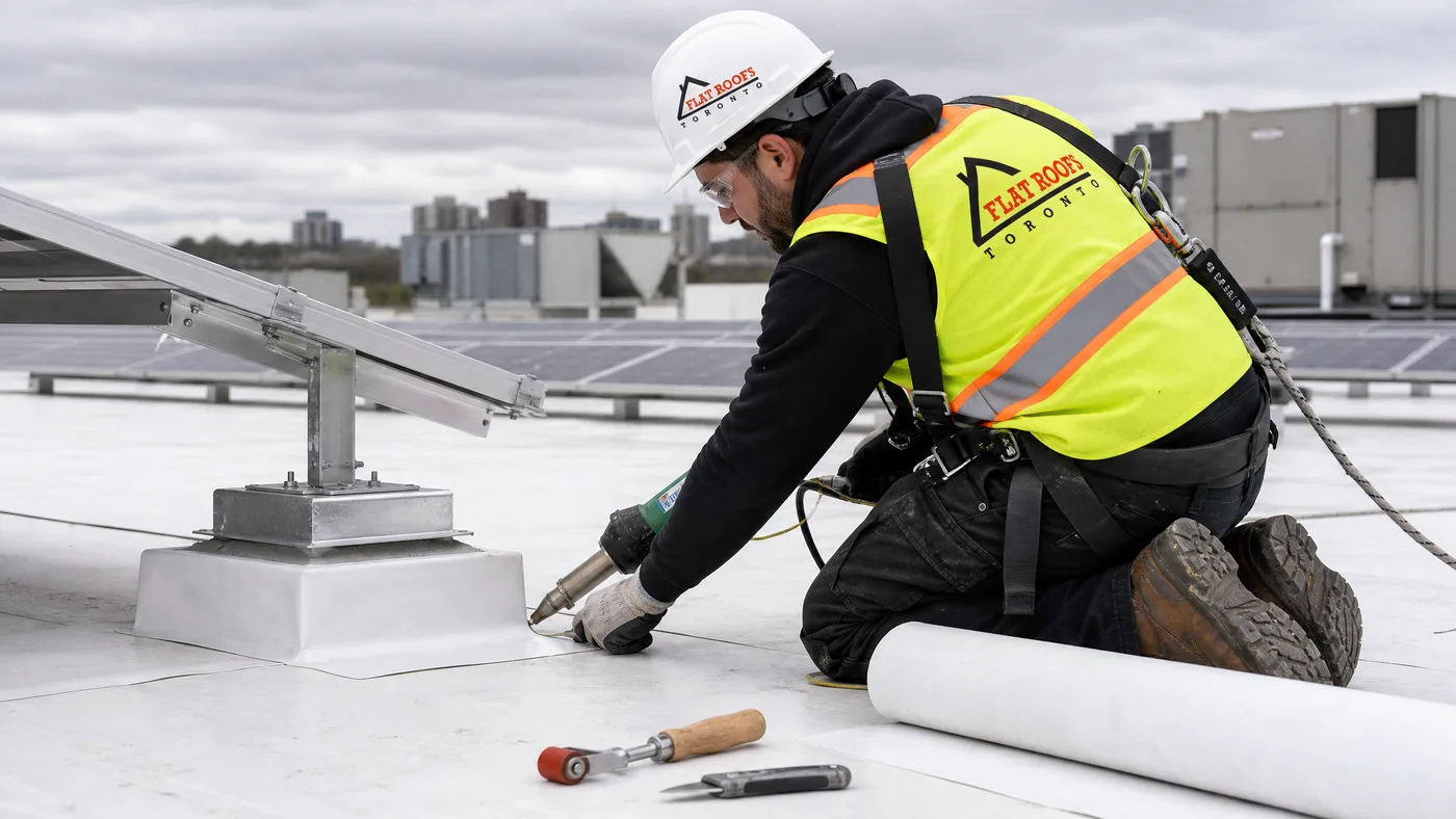 Flat-roofing technician heat-welding a TPO membrane flashing detail around a solar mount on a Toronto low-slope roof