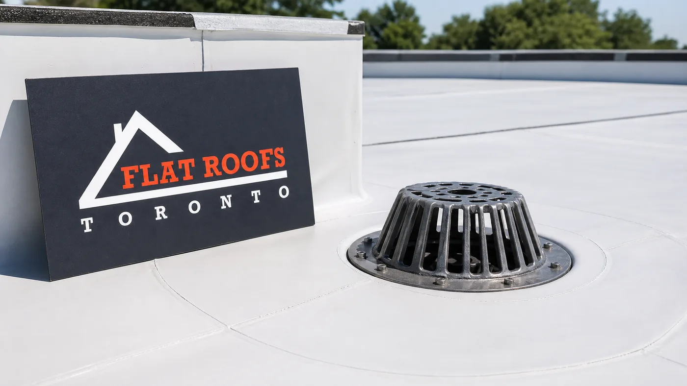 Close-up of a permitted flat roof detail showing membrane flashing and roof drain on a Toronto building