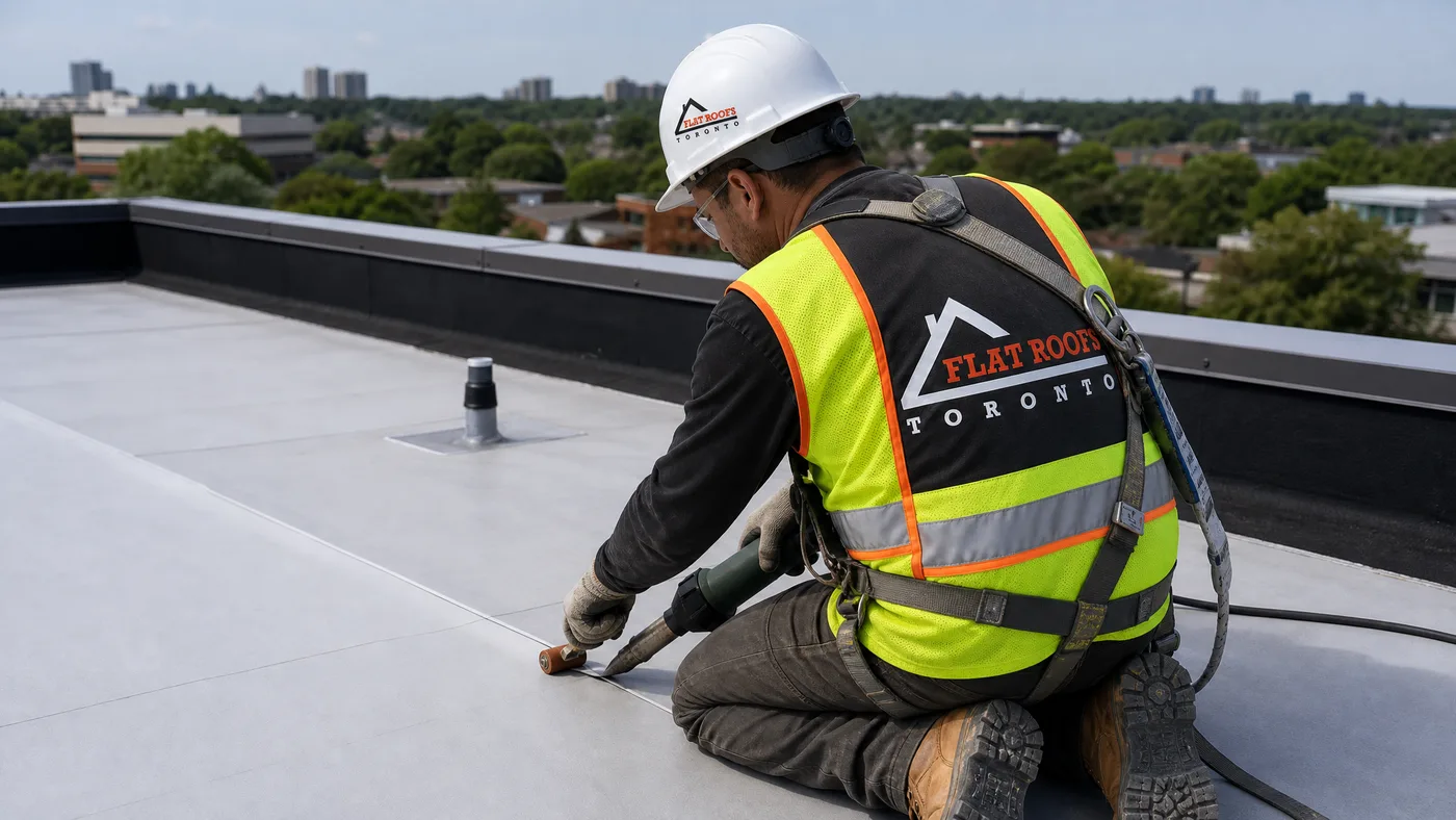 Flat roofing technician heat-welding a TPO membrane seam on a low-slope Toronto roof
