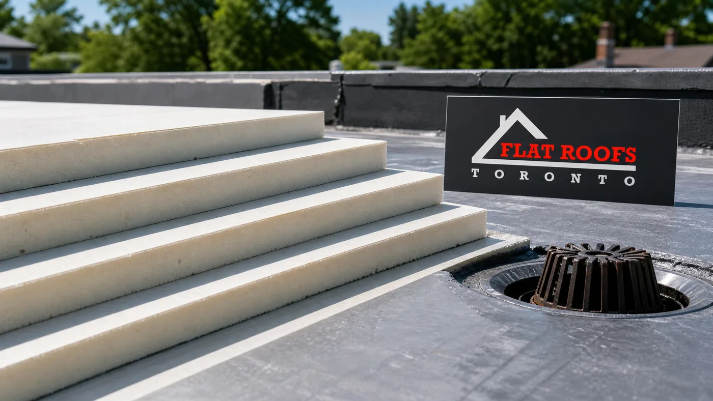 Close-up of stepped tapered insulation boards creating positive slope toward a roof drain on a GTA flat roof