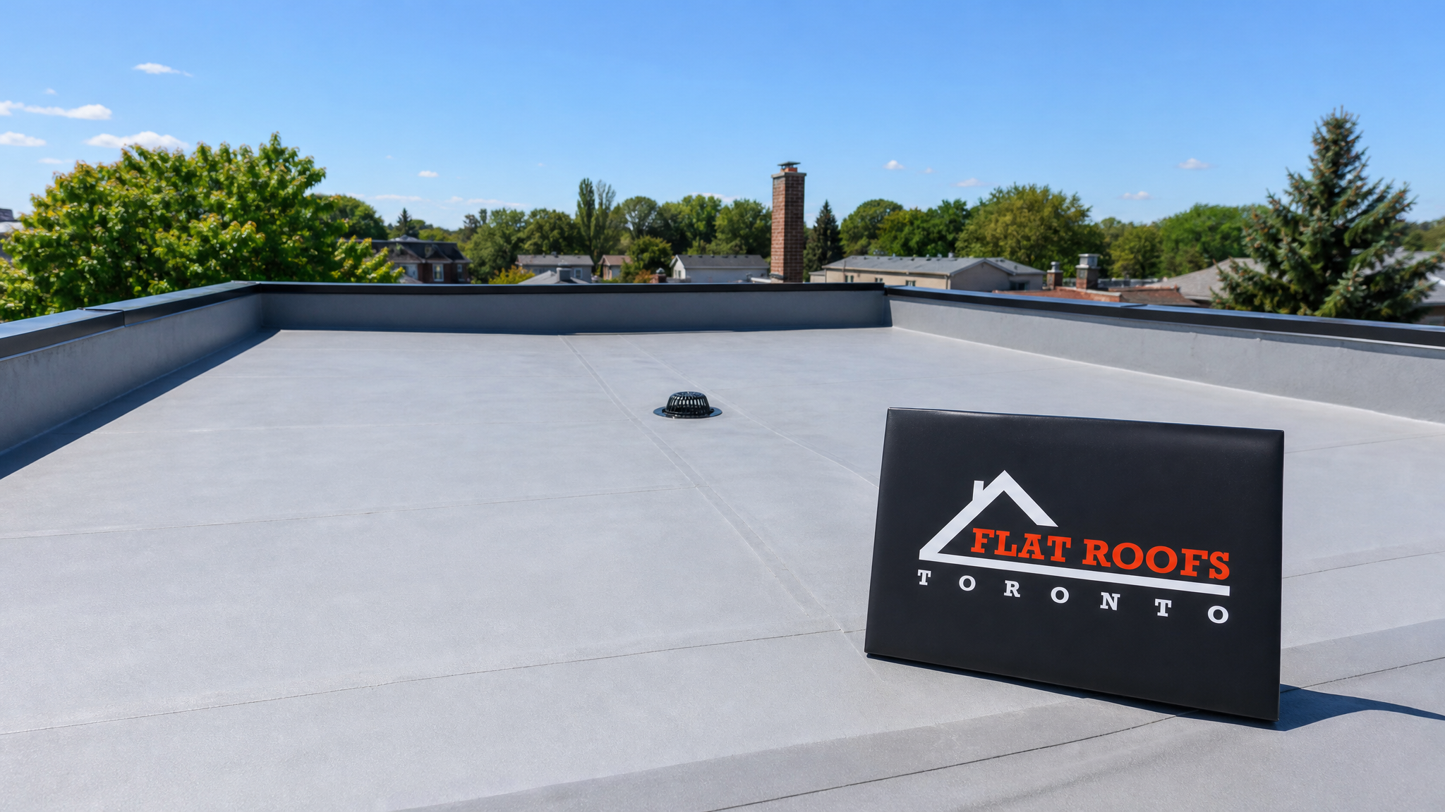 Finished tapered insulation flat roof on a Toronto building draining cleanly toward a central drain in summer