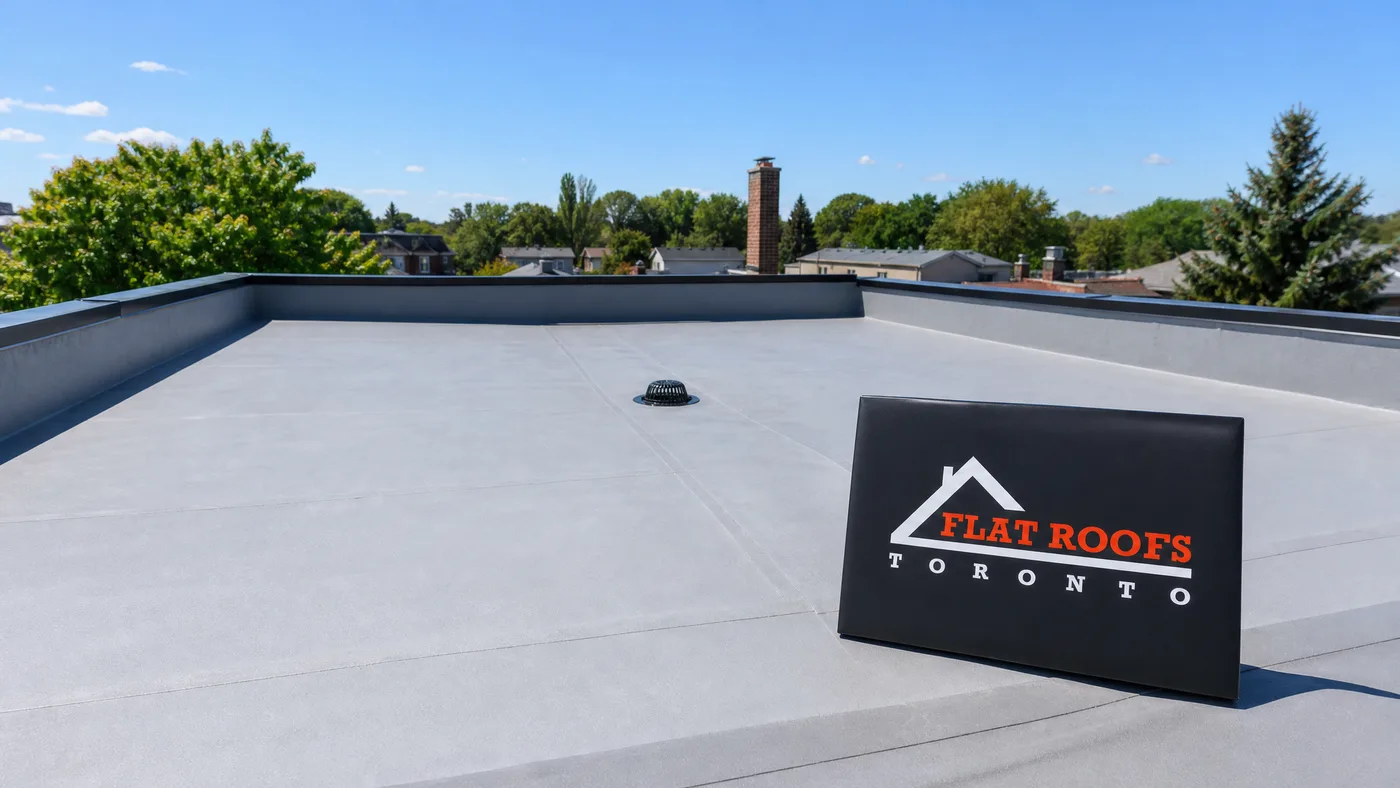 Finished tapered insulation flat roof on a Toronto building draining cleanly toward a central drain in summer