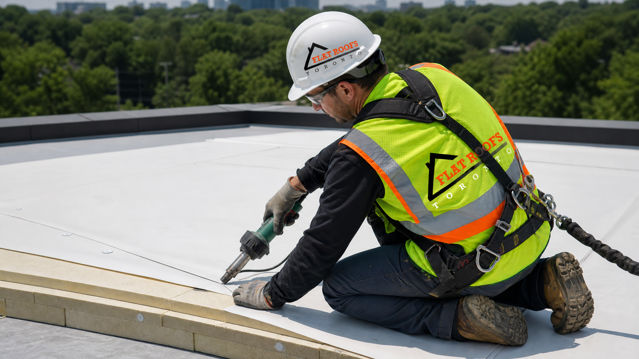 Flat-roofing technician heat-welding a TPO membrane over tapered insulation on a low-slope Toronto roof in summer