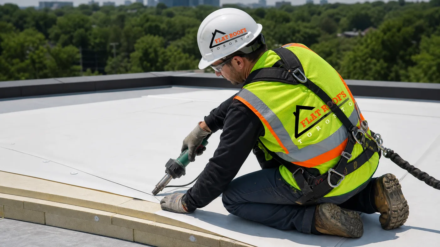 Flat-roofing technician heat-welding a TPO membrane over tapered insulation on a low-slope Toronto roof in summer
