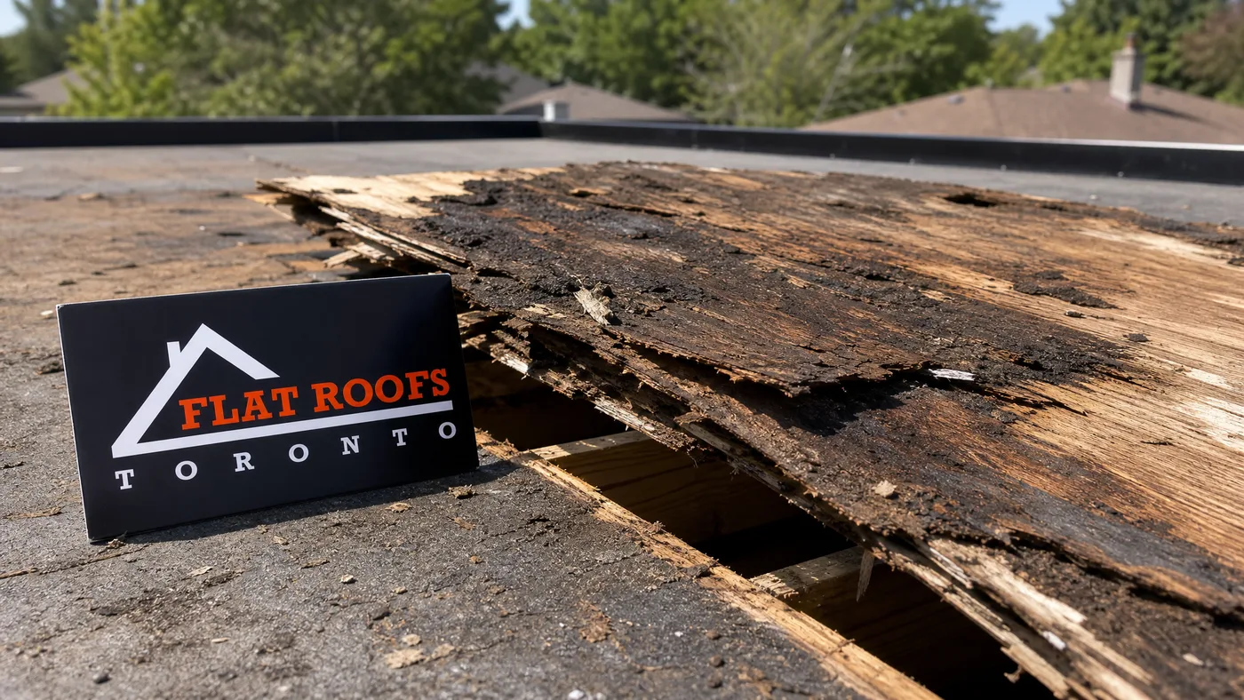 Close-up of rotted plywood sheathing removed from a flat roof revealing decay and delamination