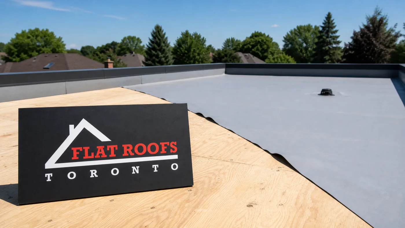 Flat roof deck replacement Toronto project showing new plywood sheathing on a low-slope residential roof