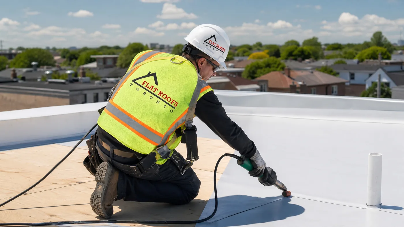 Flat roofing technician heat-welding a TPO membrane over new sheathing on a low-slope Toronto roof