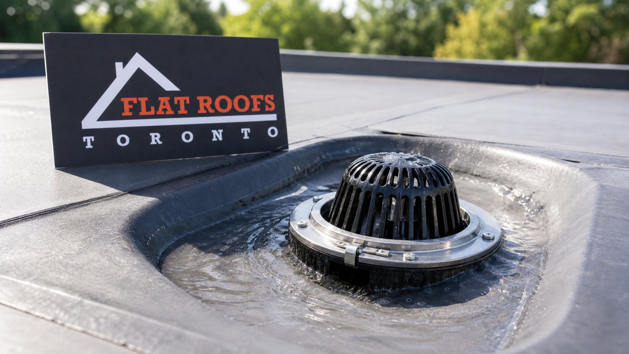 Close-up of a roof drain strainer dome and clamping ring sealed into a flat roof membrane