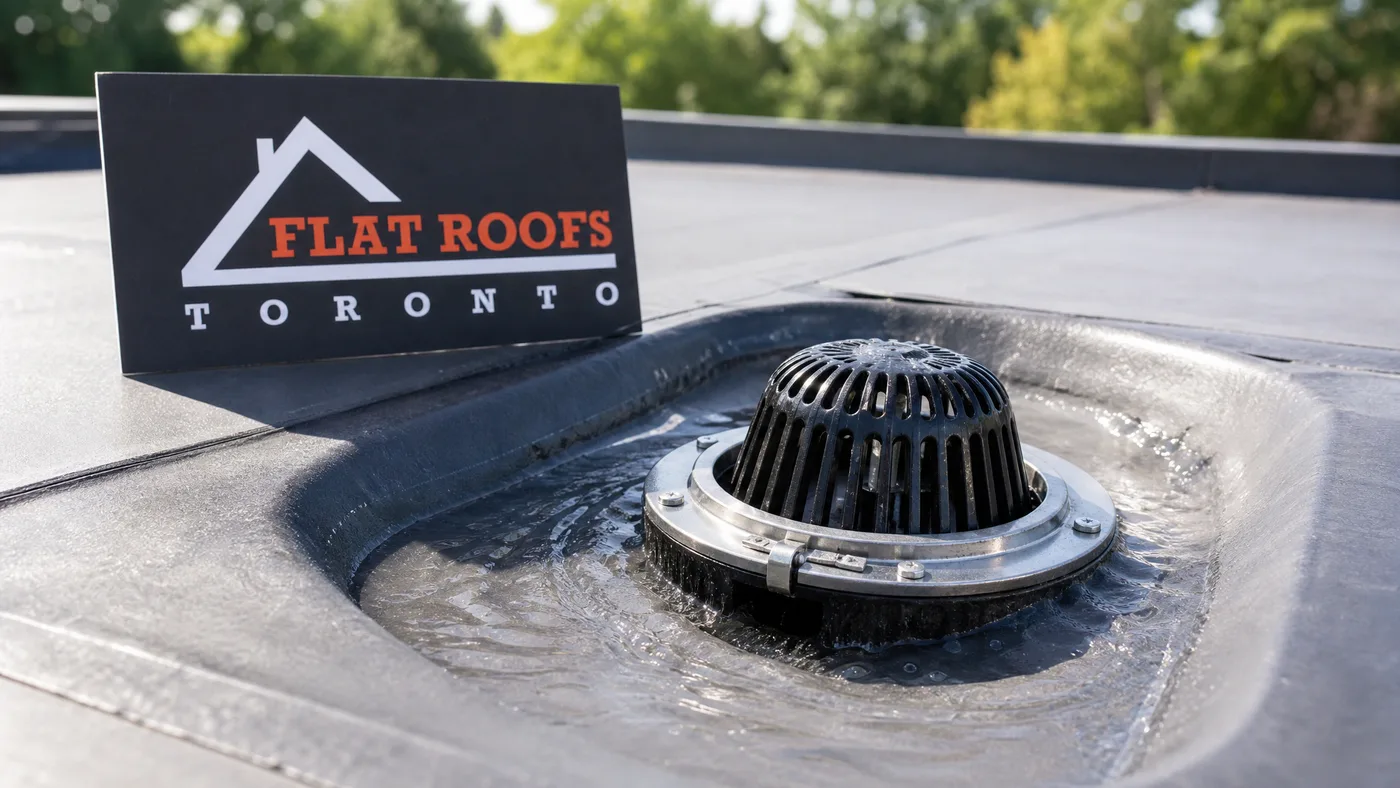 Close-up of a roof drain strainer dome and clamping ring sealed into a flat roof membrane