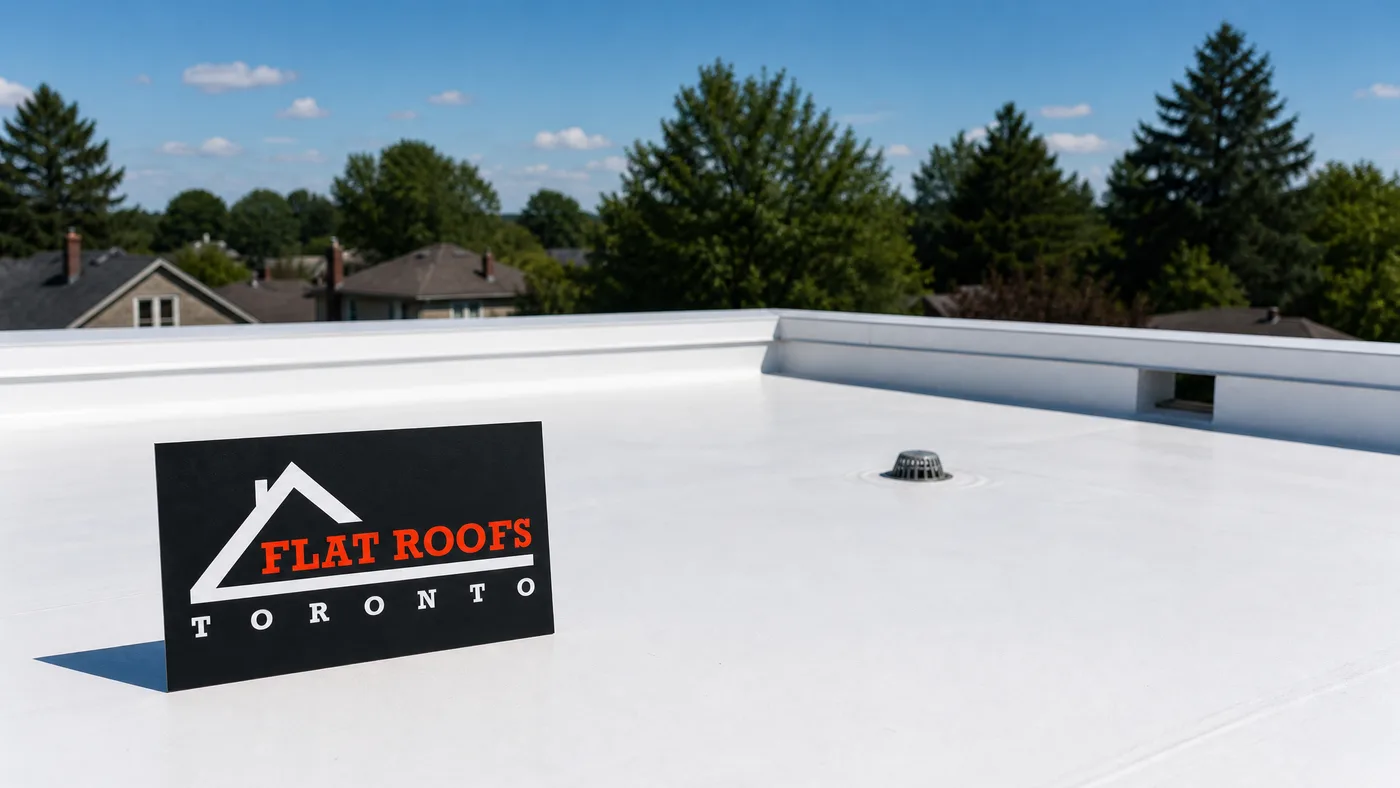 Finished GTA flat roof showing internal drains versus scuppers drainage layout on a TPO membrane