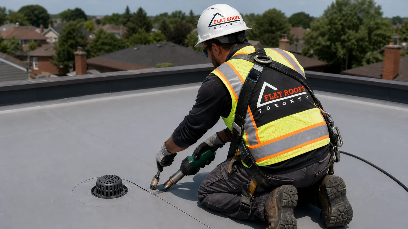 Flat-roofing technician heat-welding a TPO membrane near a roof drain on a Toronto low-slope roof