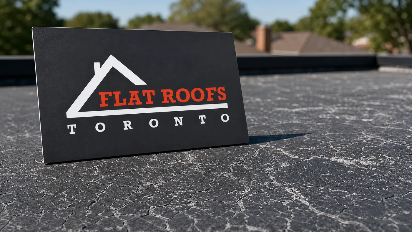 Close-up of UV surface crazing and chalking on an aged flat roof membrane in Toronto