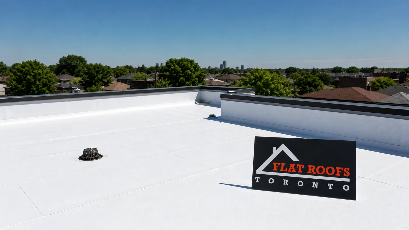 Flat roof UV heat damage Toronto risk shown on a sun-baked TPO membrane rooftop in summer