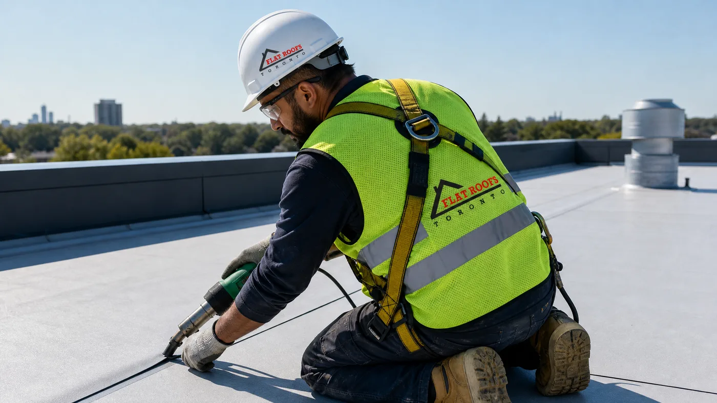 Roofing technician heat-welding a TPO membrane seam on a Toronto low-slope flat roof in summer