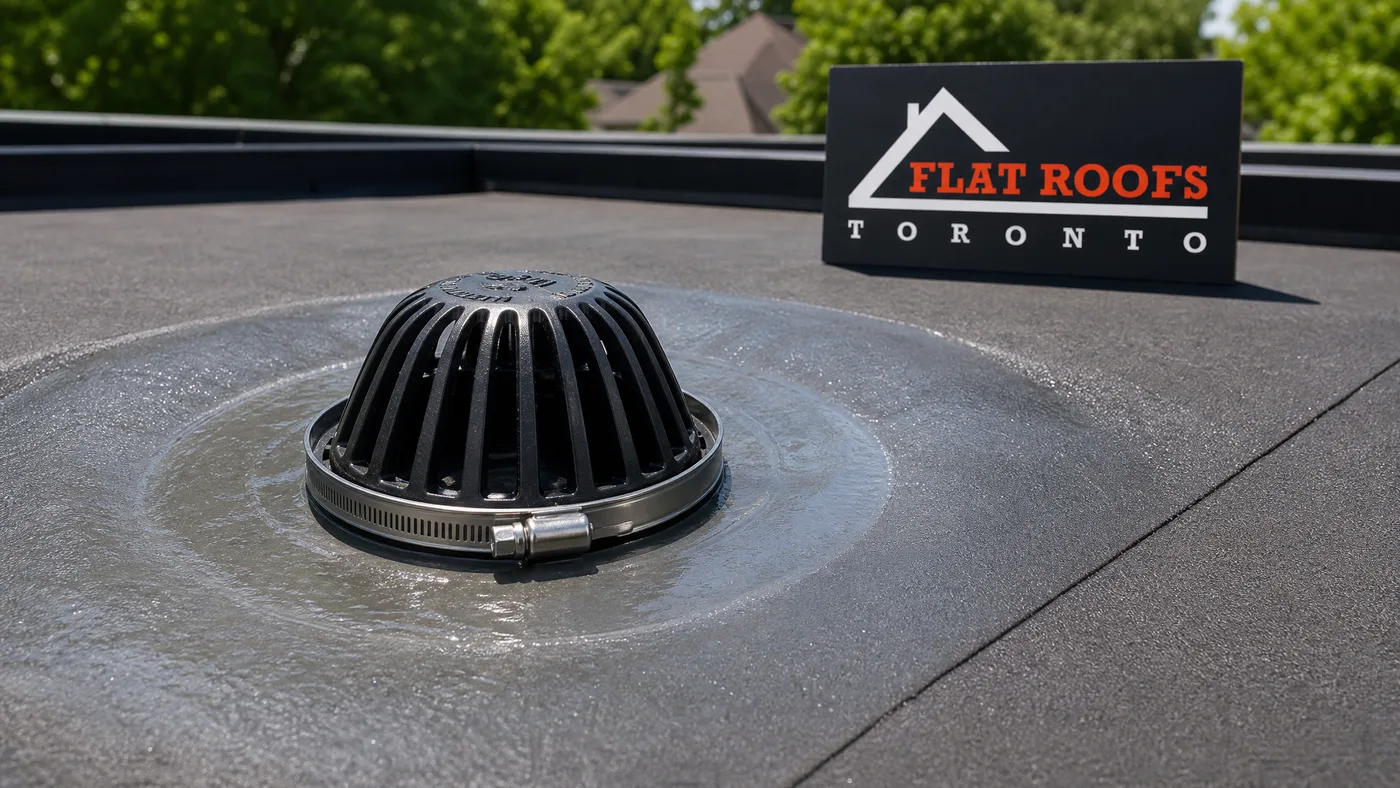Close-up of cured liquid-applied flashing wrapping a roof drain on a Toronto flat roof