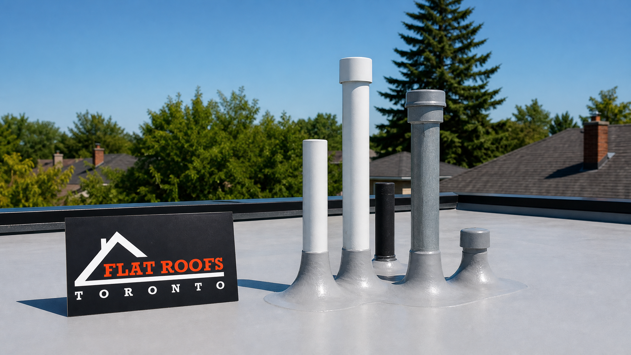 Liquid-applied flashing flat roof system sealing a cluster of pipe penetrations on a Toronto low-slope roof in summer