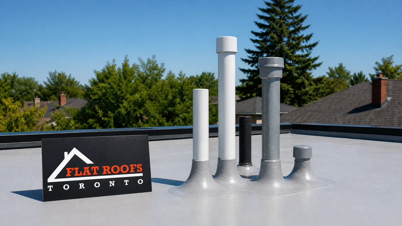 Liquid-applied flashing flat roof system sealing a cluster of pipe penetrations on a Toronto low-slope roof in summer