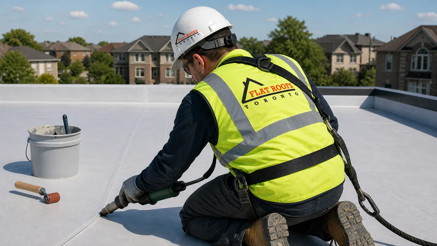 Flat-roofing technician heat-welding a TPO membrane on a low-slope Toronto roof during a summer installation
