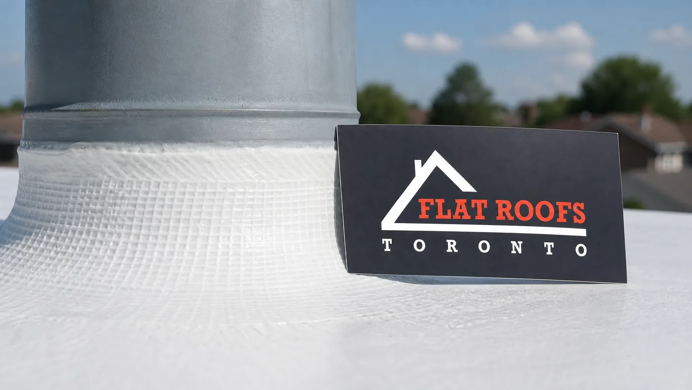 Close-up detail of a toronto green standard reflective roof coating at a rooftop penetration flashing with reinforcement fabric