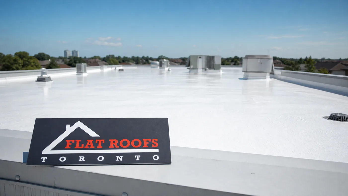 Toronto green standard reflective roof coating applied to a commercial flat roof in summer daylight