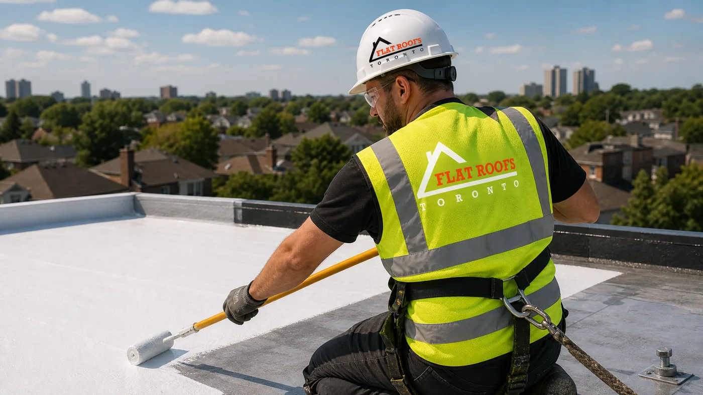 Roofer applying toronto green standard reflective roof coating on a flat roof in Toronto summer