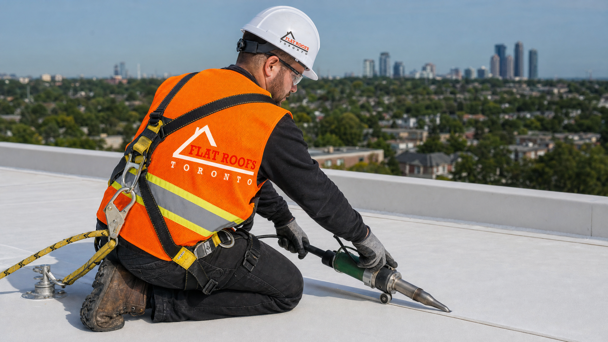Flat Roofs Toronto technician repairing flat roof seam failure caused by heat waves in Toronto