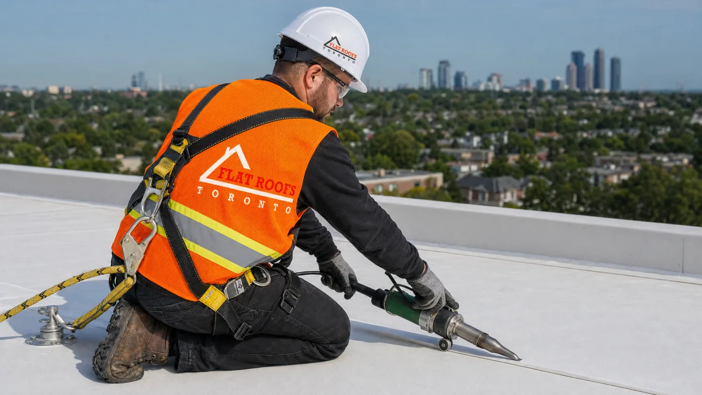 Flat Roofs Toronto technician repairing flat roof seam failure caused by heat waves in Toronto