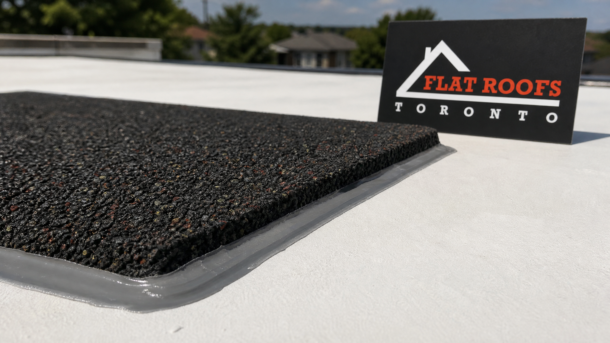 Close-up detail of recycled rubber walk pad edge treatment and seam sealing on a Toronto flat roof membrane