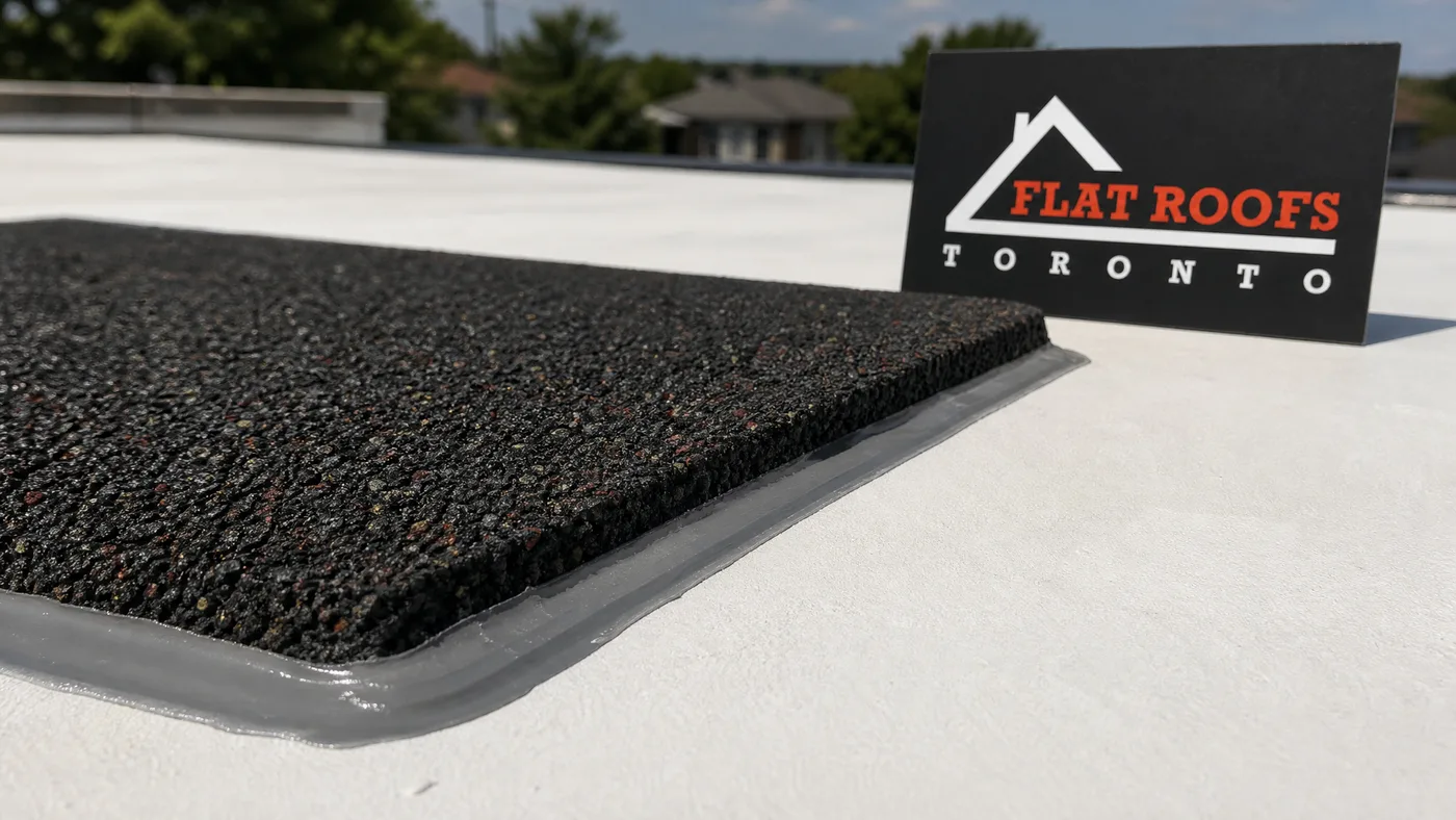 Close-up detail of recycled rubber walk pad edge treatment and seam sealing on a Toronto flat roof membrane