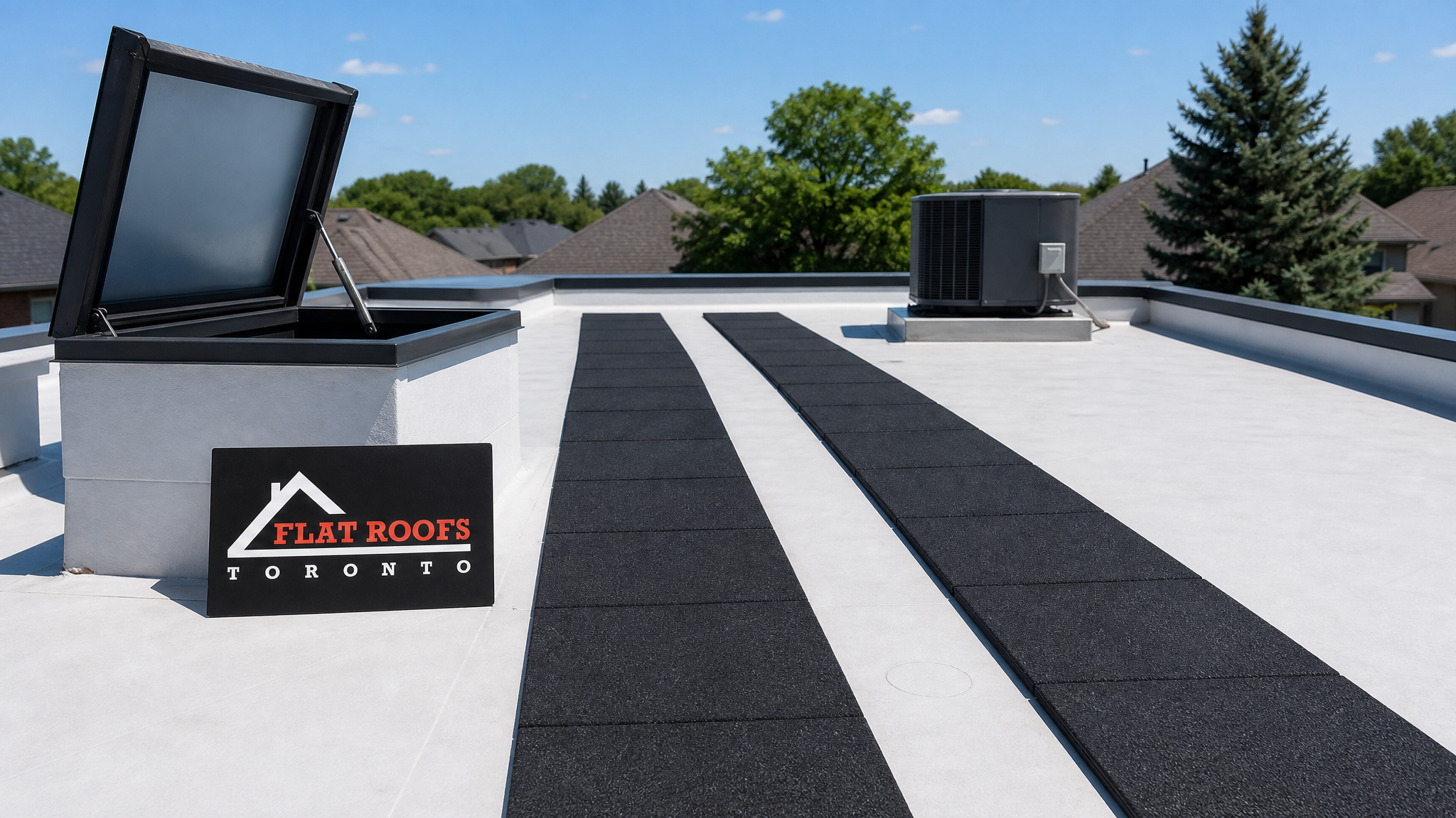 Flat roof walk pads foot traffic Toronto installation showing completed rubber walk pad pathway across a TPO membrane in summer daylight