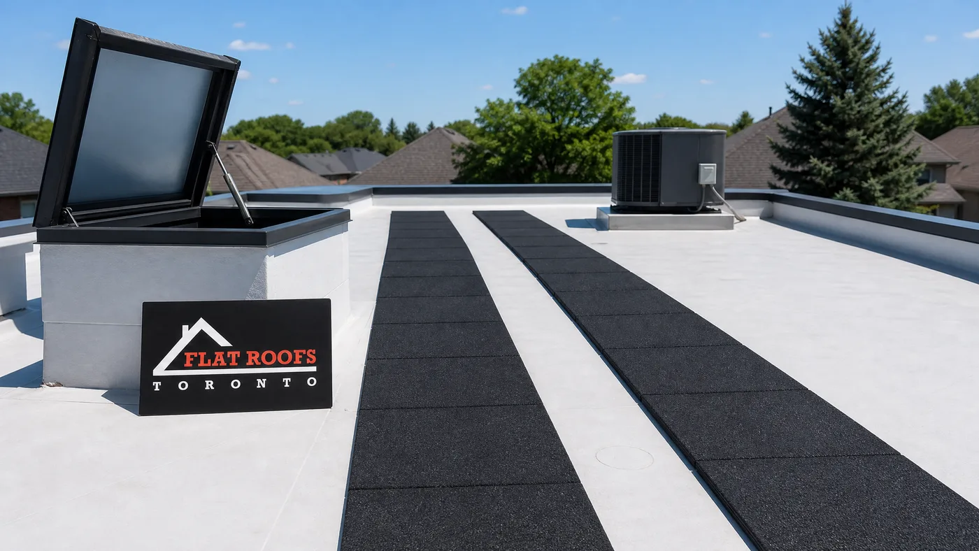 Flat roof walk pads foot traffic Toronto installation showing completed rubber walk pad pathway across a TPO membrane in summer daylight