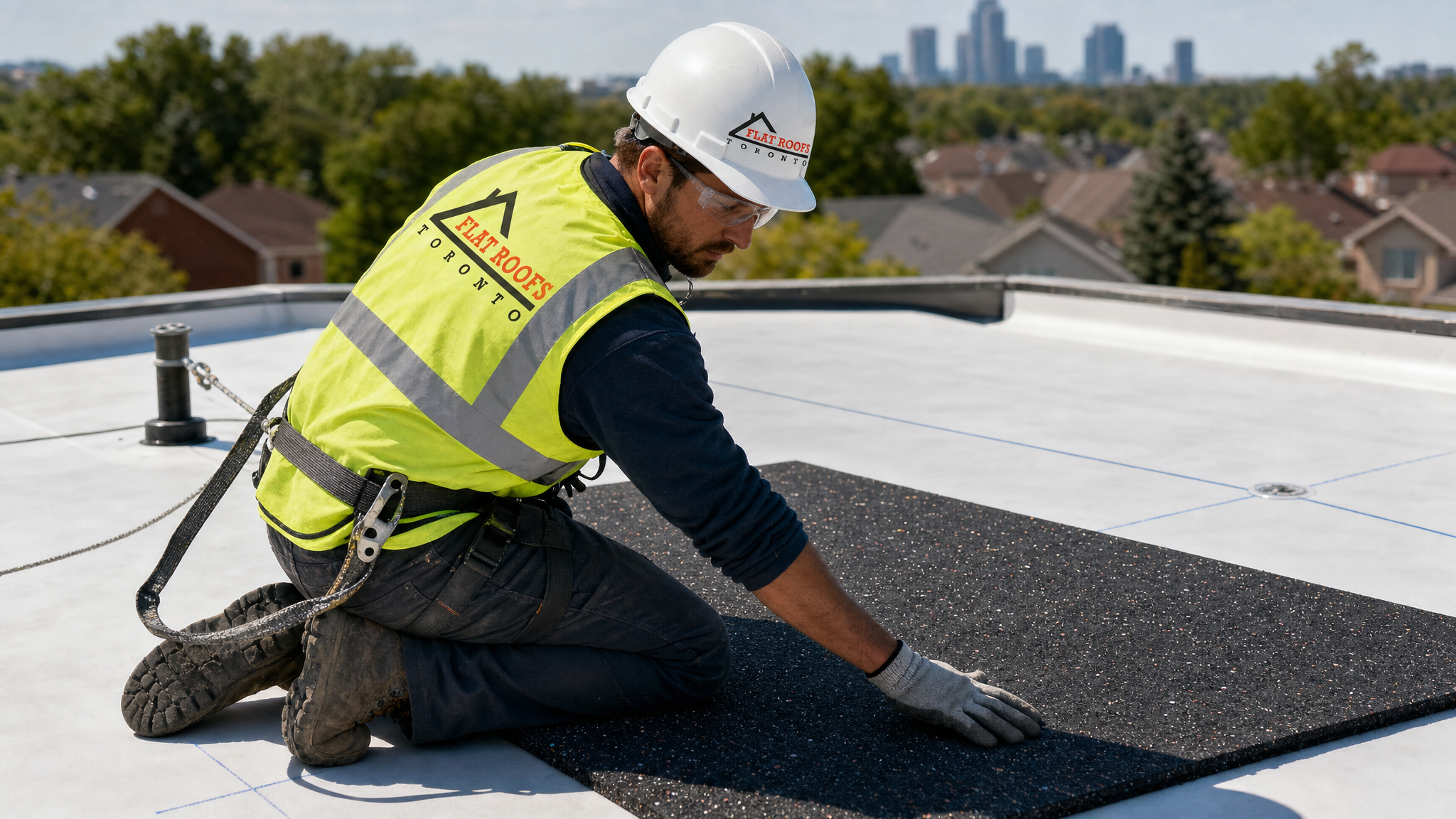 Flat Roofs Toronto worker installing flat roof walk pads foot traffic Toronto protection on a summer rooftop wearing full PPE safety gear